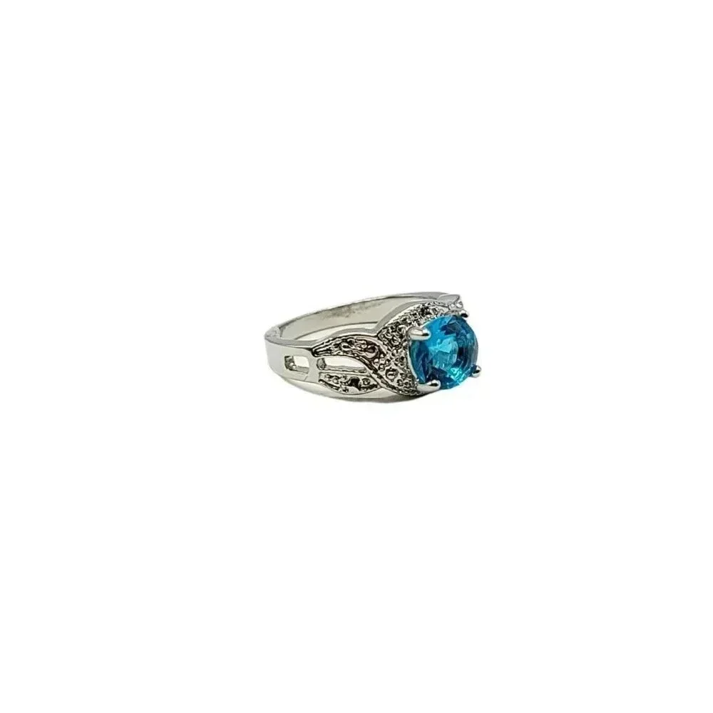 JS Signed Blue Glass Rhinestone Costume Bling Ring Size 6 Silver Tone Plated